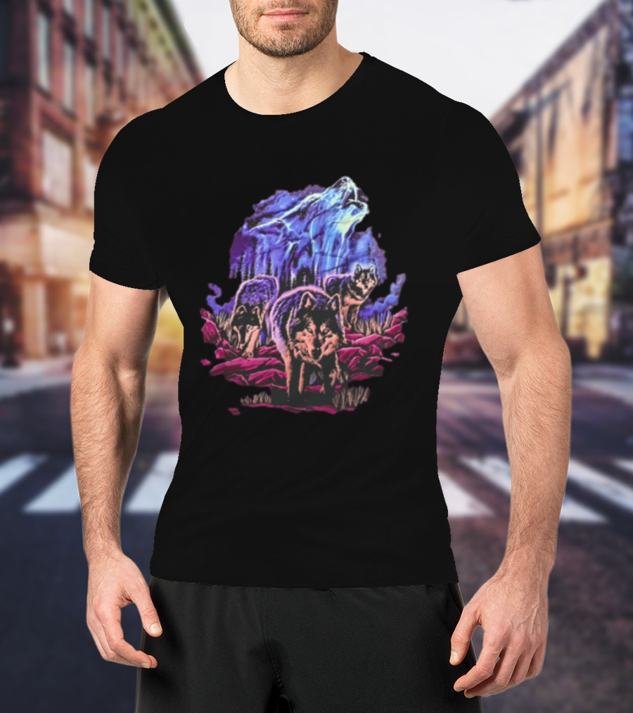 Odm San Diego 2000 Three Wolves Howling Celestial Northern Lights Woods T-Shirt