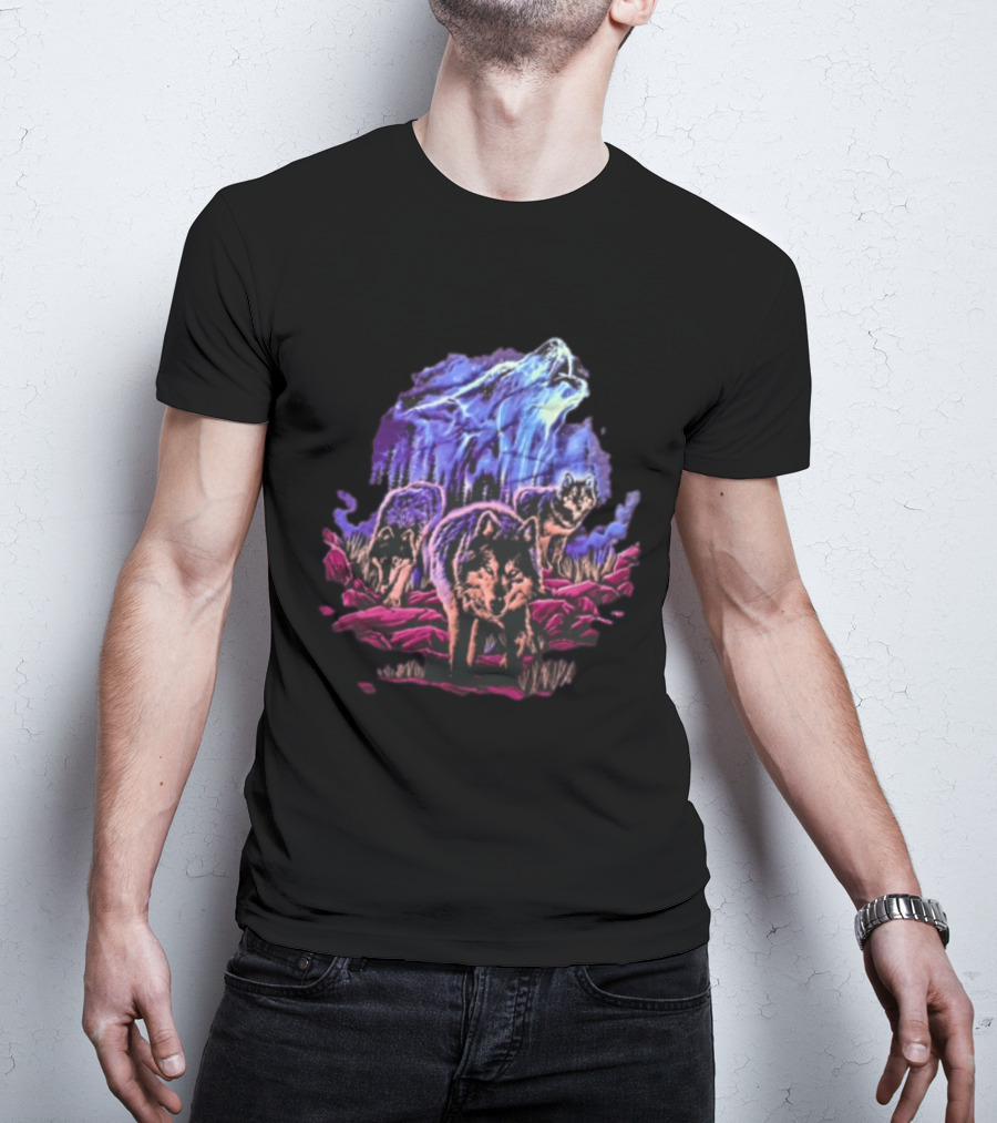 Odm San Diego 2000 Three Wolves Howling Celestial Northern Lights Woods T-Shirt