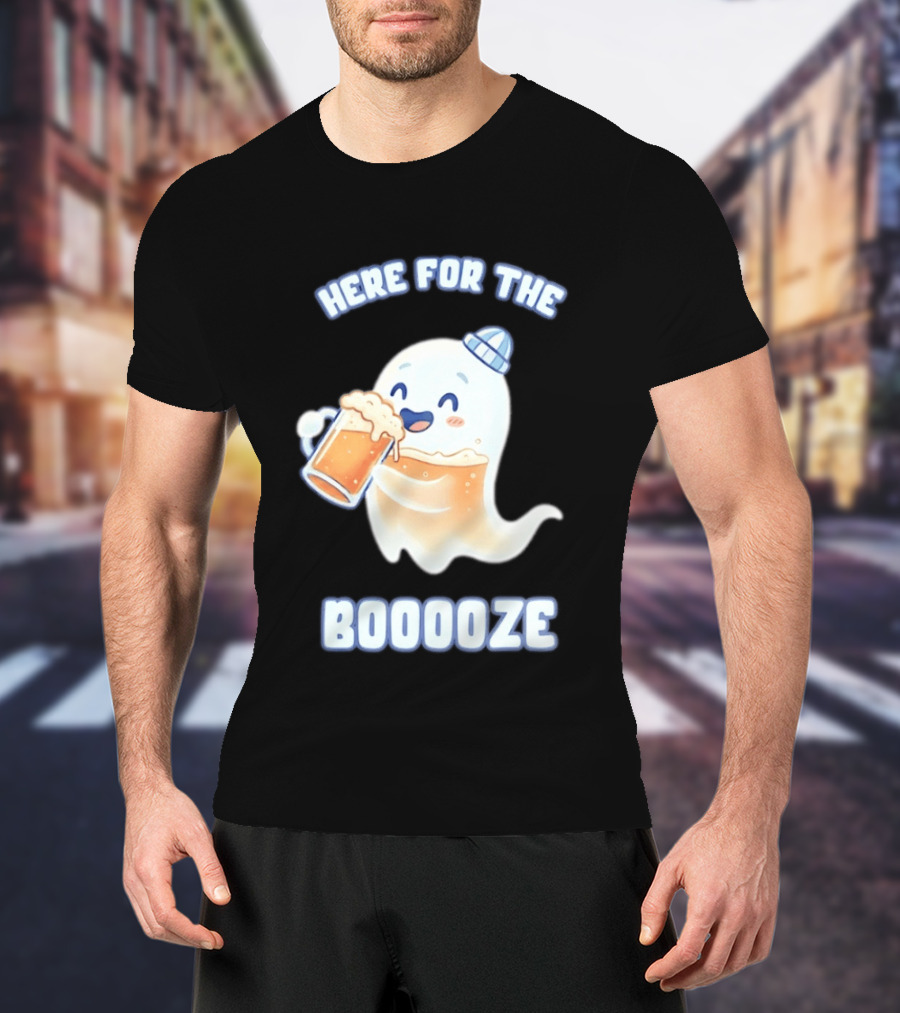 Here For The Booooze Ghost Drinking Beer Fun Halloween T-Shirt