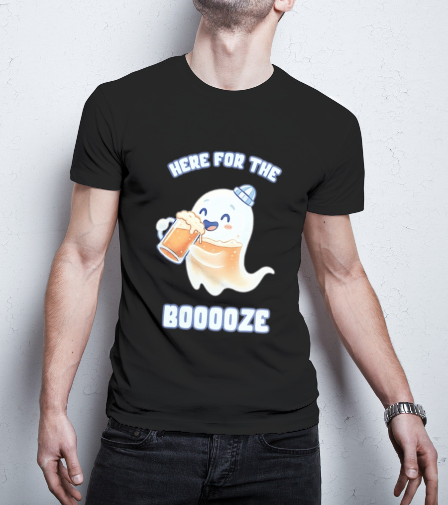 Here For The Booooze Ghost Drinking Beer Fun Halloween T-Shirt