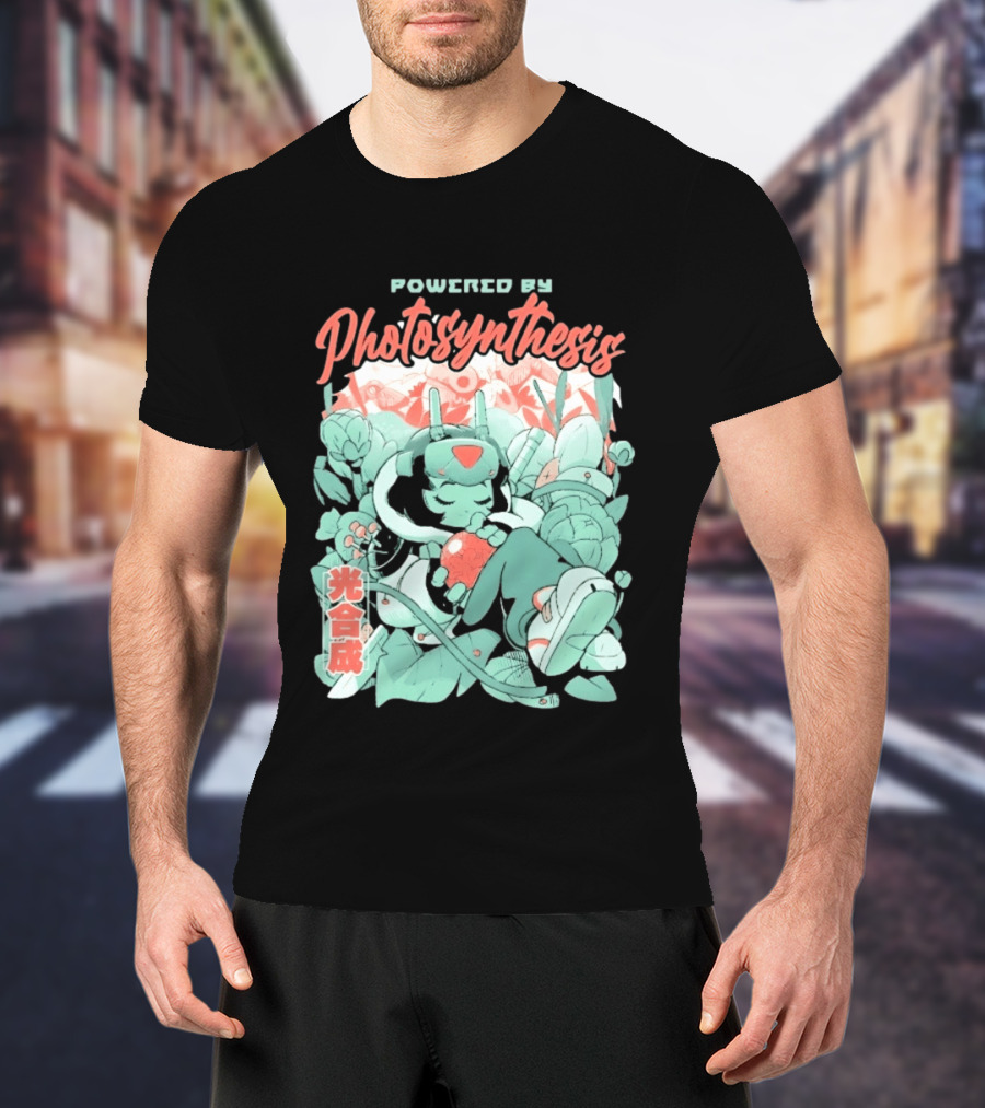 Powered By Photosynthesis Anime Kanji Characters And Cute Green Robot T-Shirt