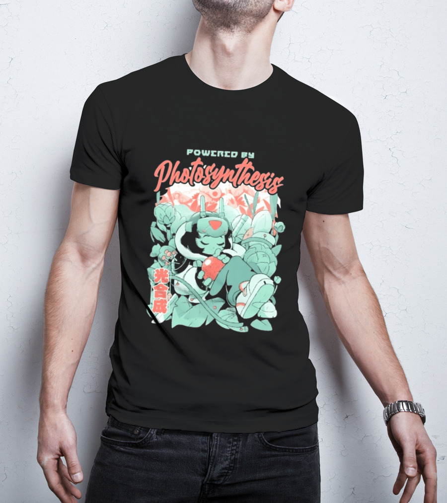 Powered By Photosynthesis Anime Kanji Characters And Cute Green Robot T-Shirt