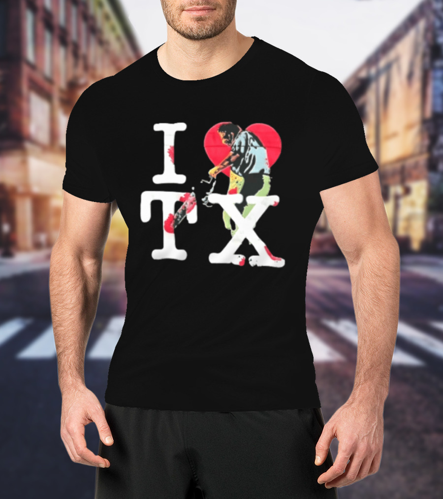 I Love Tx Leatherface Chainsaw Heart Blood Splatter T-Shirt