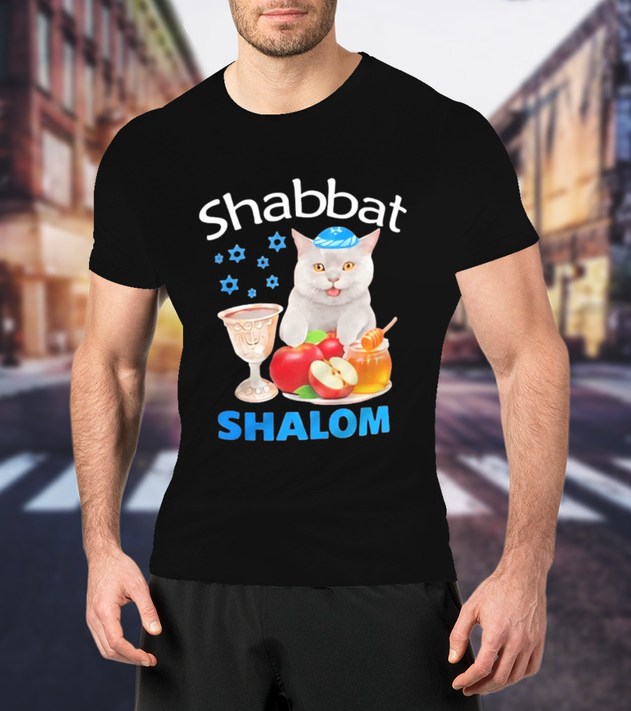 Shabbat Shalom Cat With Kippah Apples Honey And Wine Cup T-Shirt