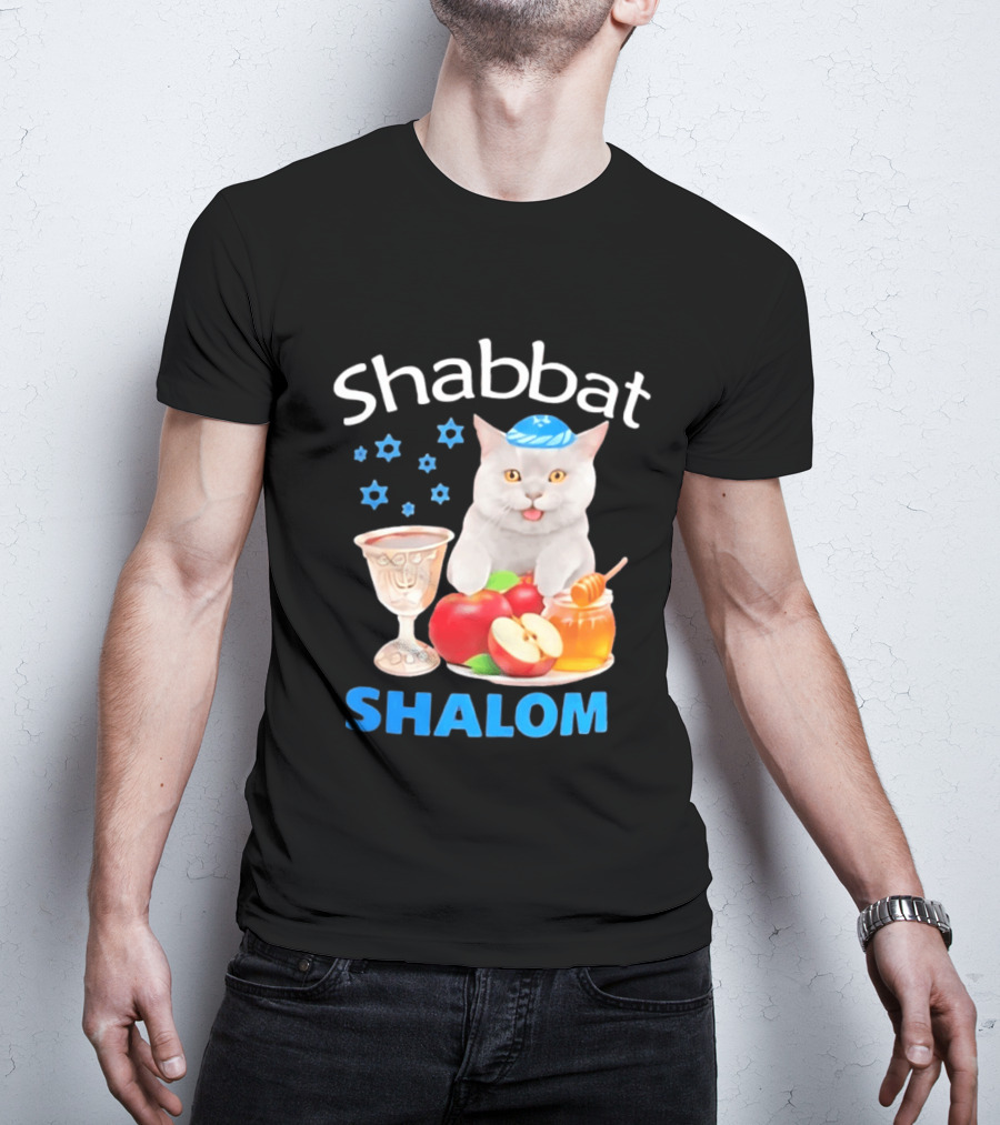 Shabbat Shalom Cat With Kippah Apples Honey And Wine Cup T-Shirt