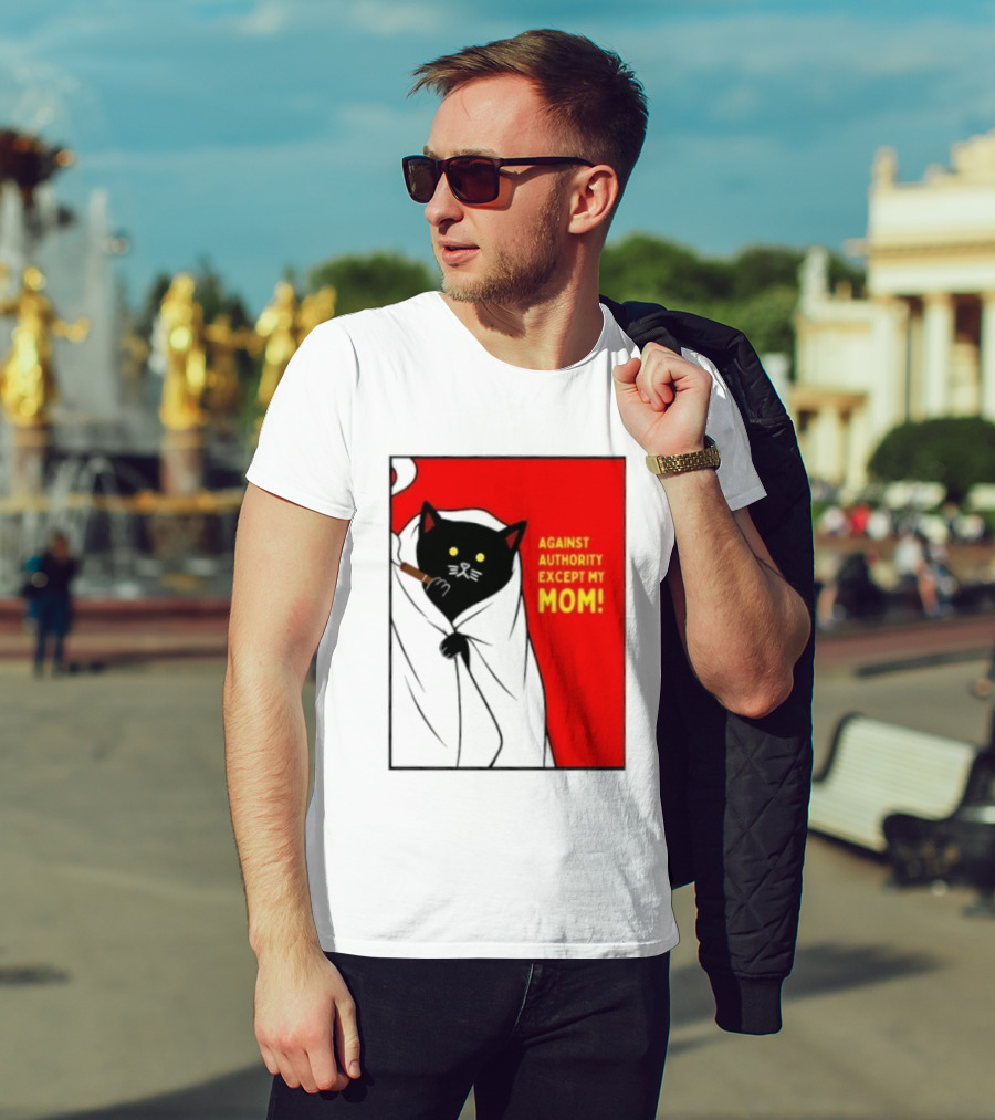 Black Cat Against Authority Except My Mom Smoking Cloaked Yellow Eyes Red T-Shirt