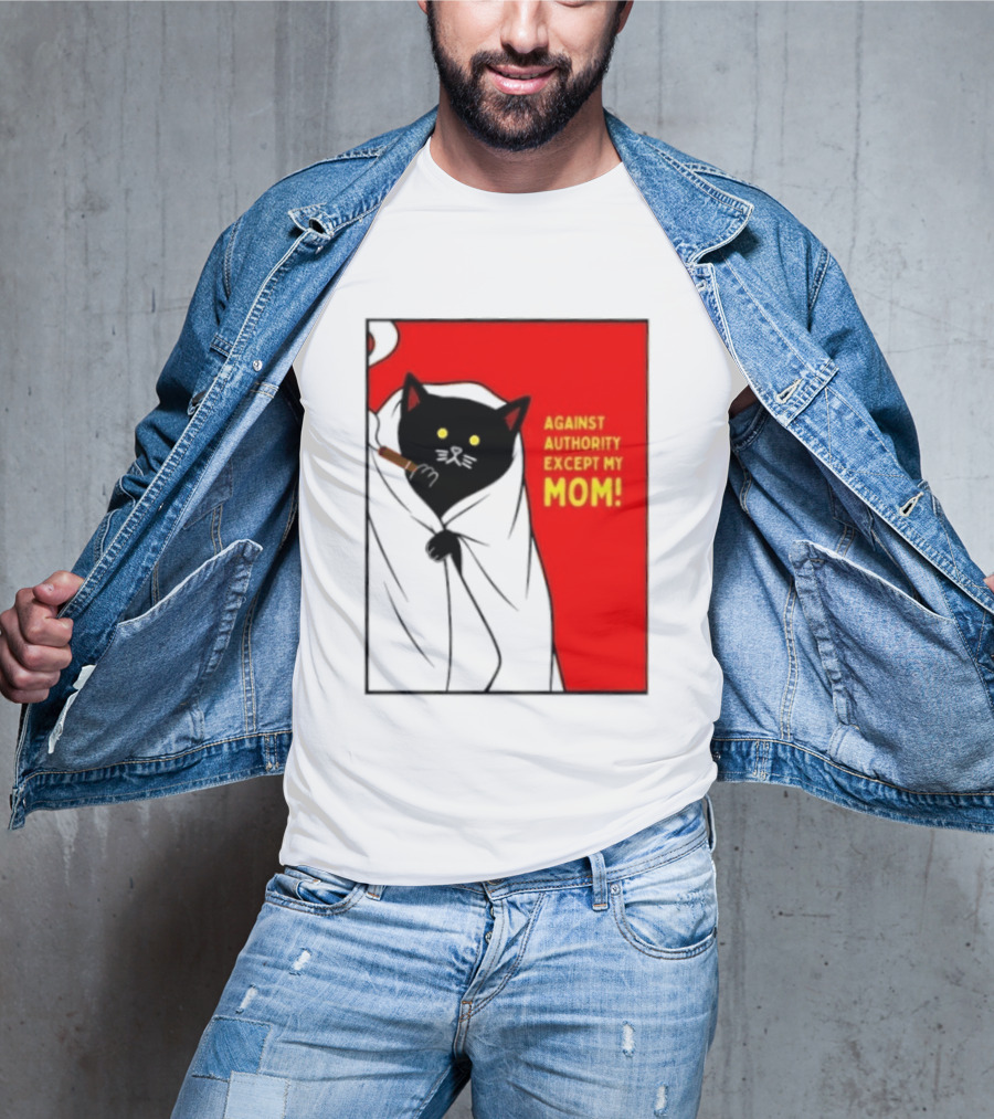Black Cat Against Authority Except My Mom Smoking Cloaked Yellow Eyes Red T-Shirt