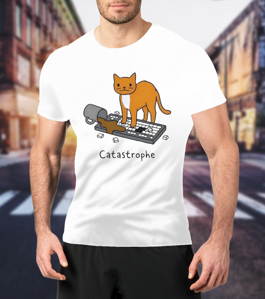 Catastrophe Orange Cat Spilling Coffee On Keyboard T-Shirt