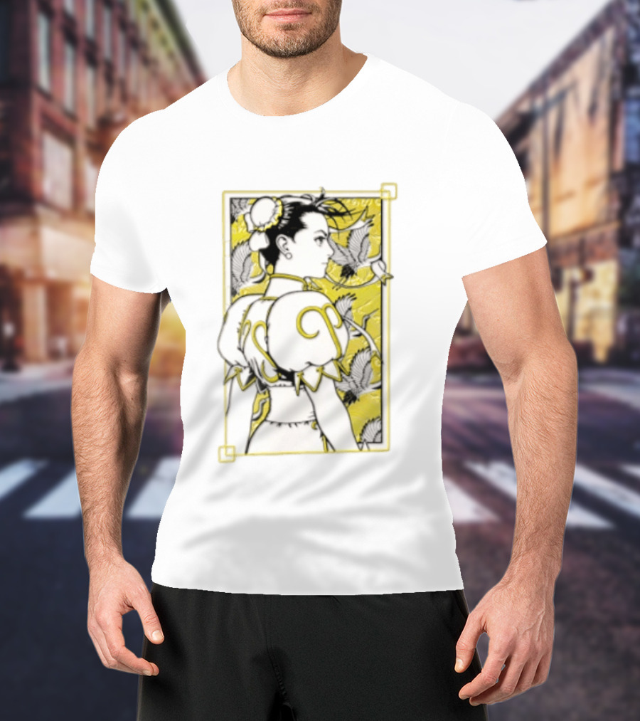 Chun Li Profile Flying Cranes Yellow Frame Line T-Shirt