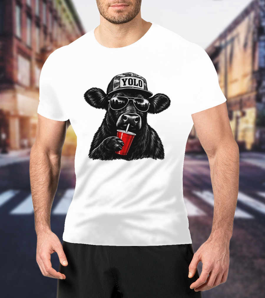 Cow With Yolo Camo Hat Sunglasses Red Cup T-Shirt