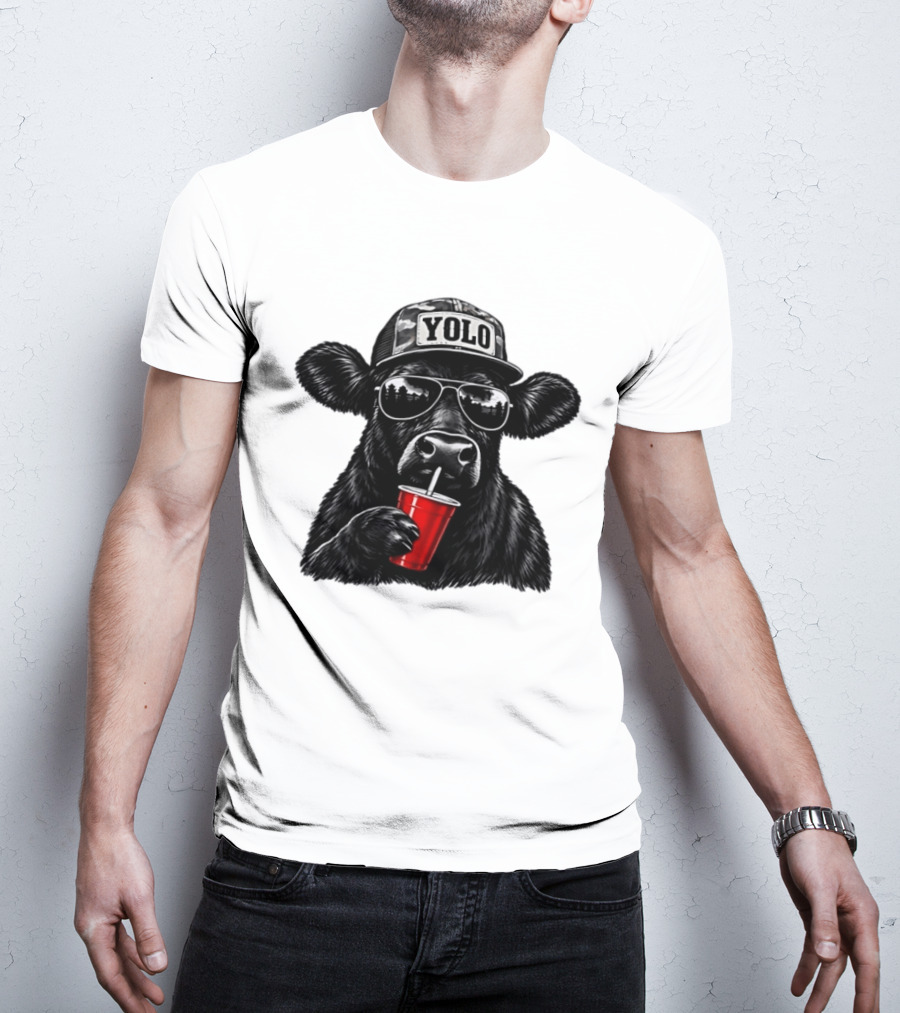Cow With Yolo Camo Hat Sunglasses Red Cup T-Shirt