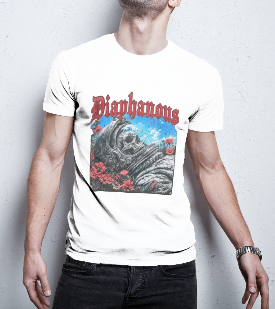 Diaphanous Distressed Skull Astronaut In Flowers With Cosmic T-Shirt