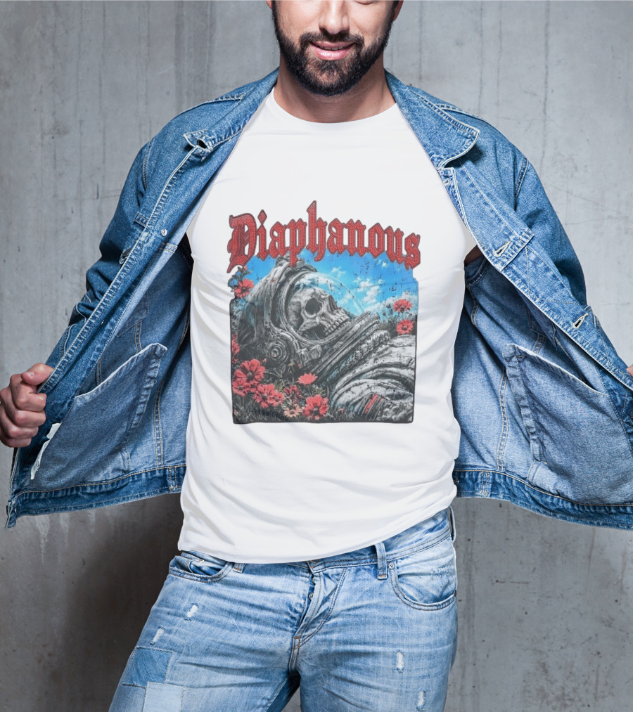 Diaphanous Distressed Skull Astronaut In Flowers With Cosmic T-Shirt