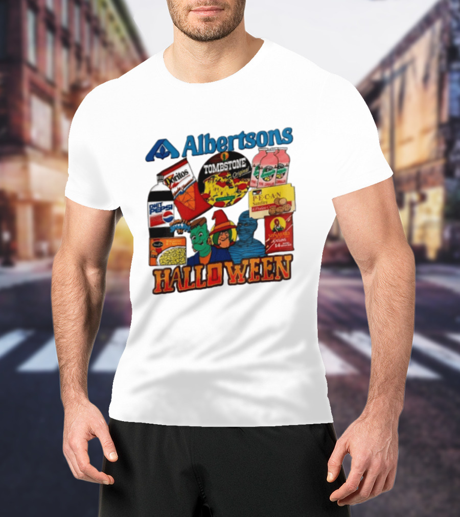 Albertsons Halloween Frankenstein Witch Mummy Featuring Diet Pepsi Doritos Tombstone Pizza T-Shirt