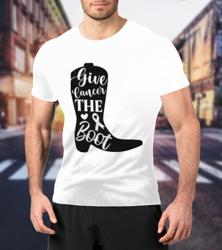 Give Cancer The Boot Awareness Ribbon Western Cowboy Boot T-Shirt