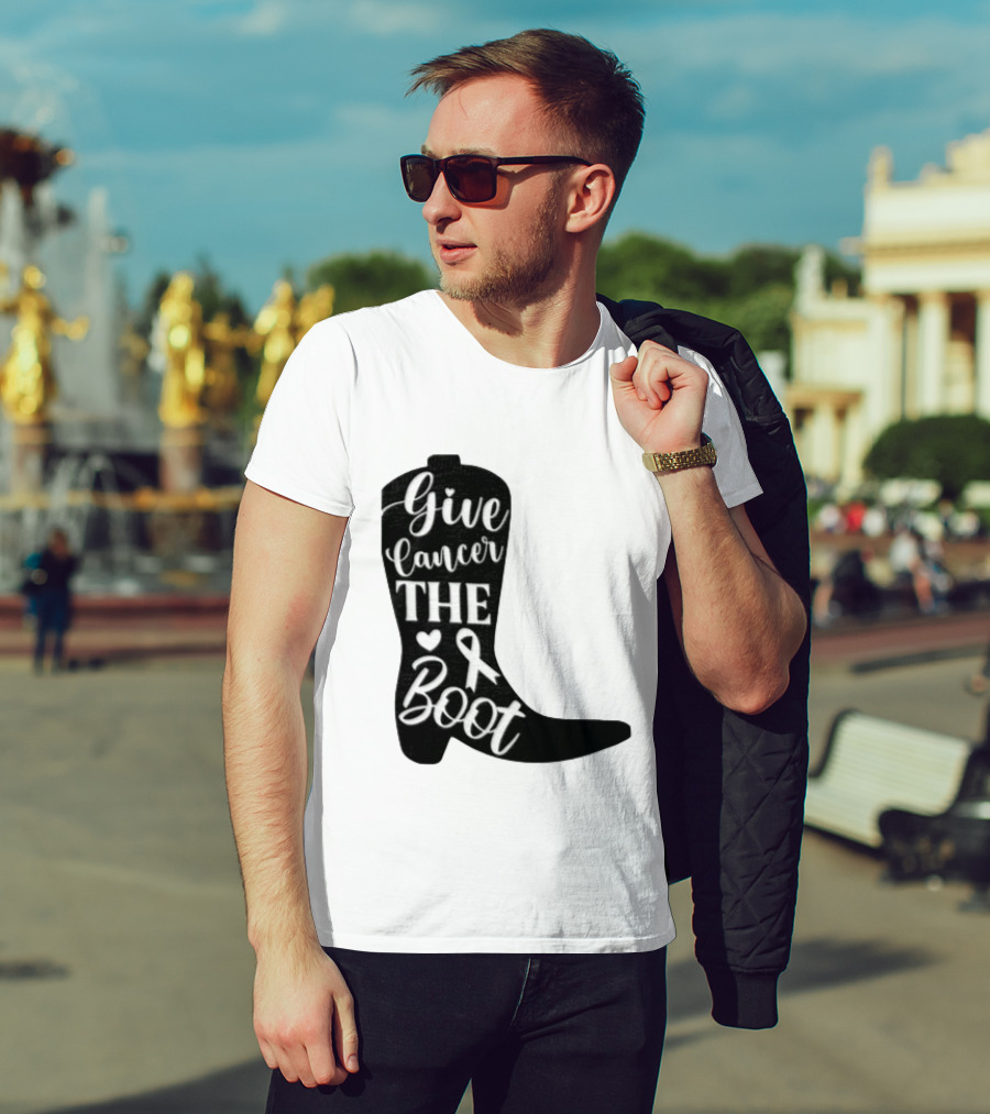 Give Cancer The Boot Awareness Ribbon Western Cowboy Boot T-Shirt