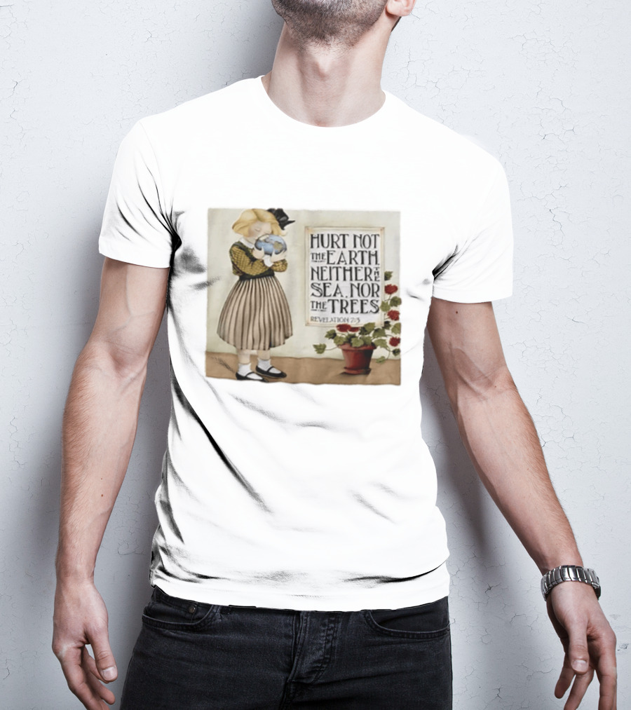 Hurt Not The Earth Revelation 7:3 Vintage Girl Holding Globe Environmental Protection T-Shirt
