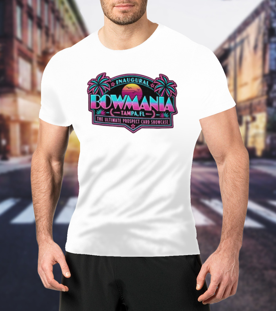 Inaugural Bowmania Tampa FL The Ultimate Prospect Card Showcase Retro Sunset Palm Trees T-Shirt