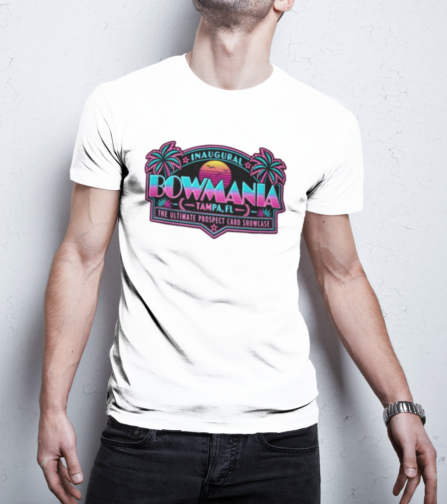 Inaugural Bowmania Tampa FL The Ultimate Prospect Card Showcase Retro Sunset Palm Trees T-Shirt