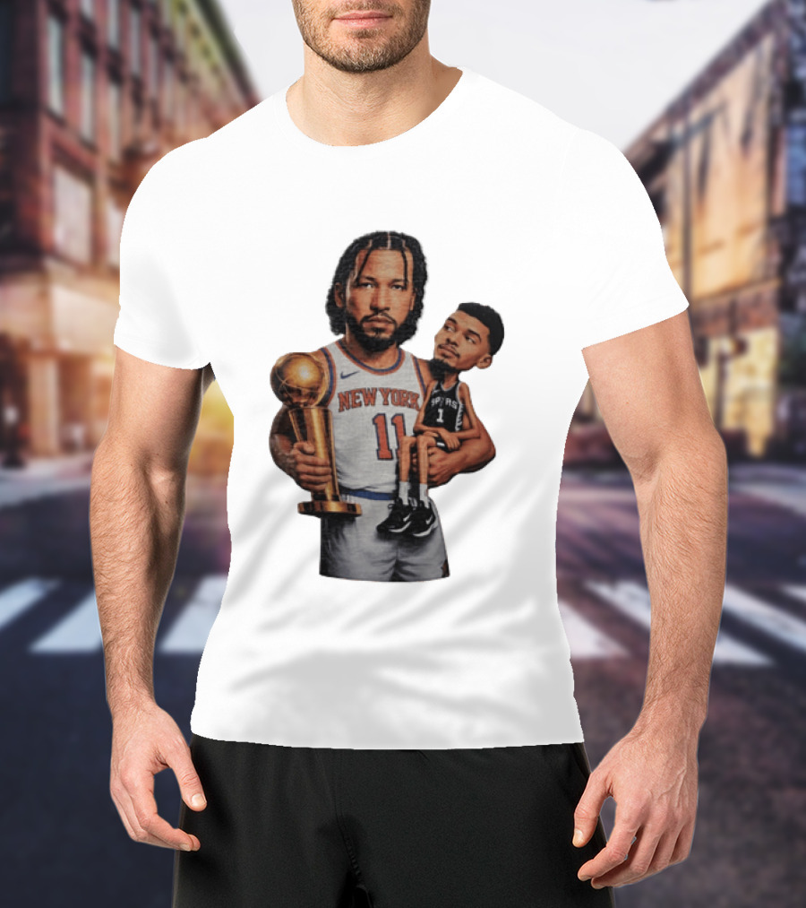 New York Knicks Jalen Brunson Embraces San Antonio Spurs Victor Wembanyama NBA Trophy T-Shirt