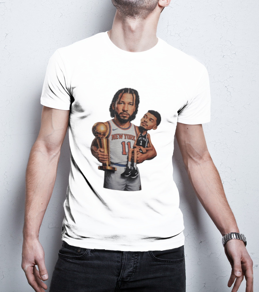 New York Knicks Jalen Brunson Embraces San Antonio Spurs Victor Wembanyama NBA Trophy T-Shirt