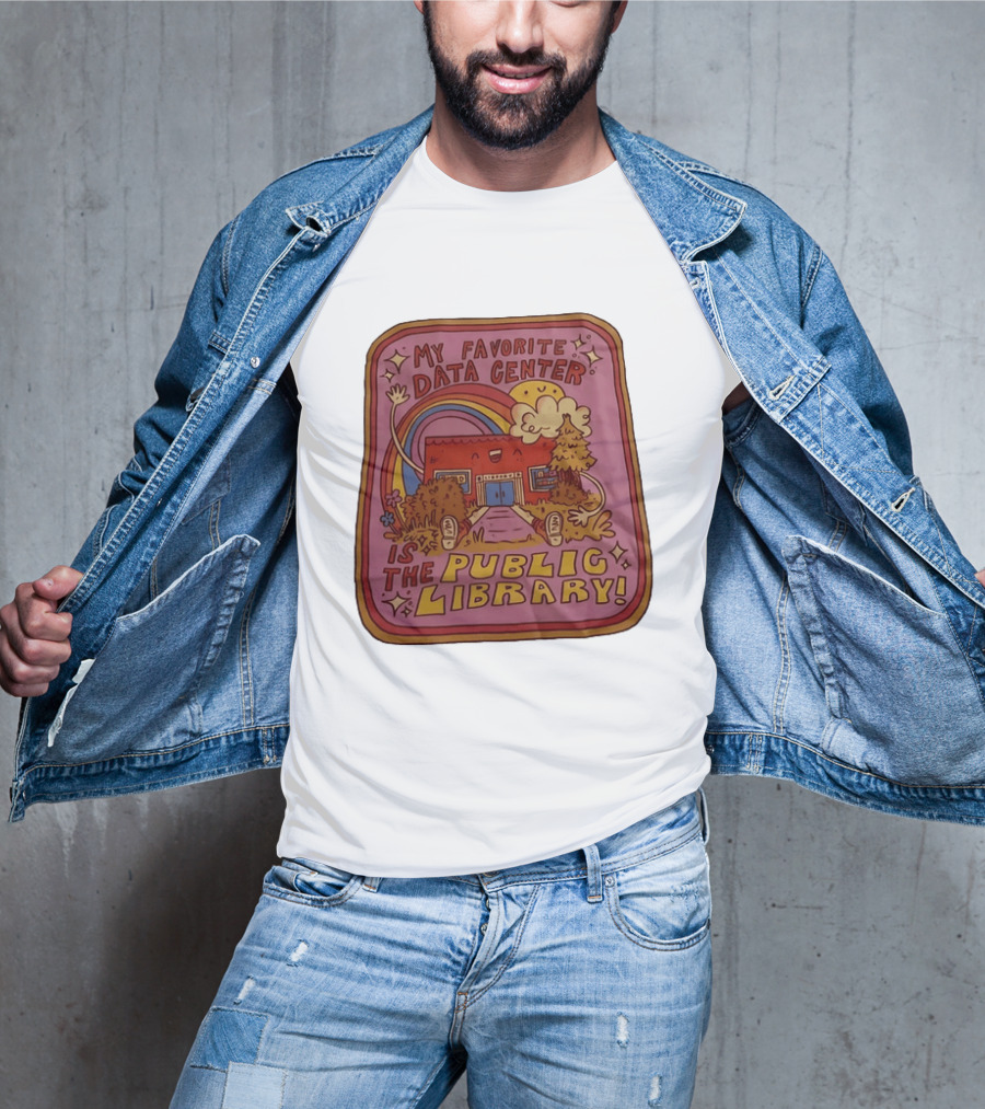 My Favorite Data Center Is The Public Library Rainbow Cartoon Library Scene T-Shirt