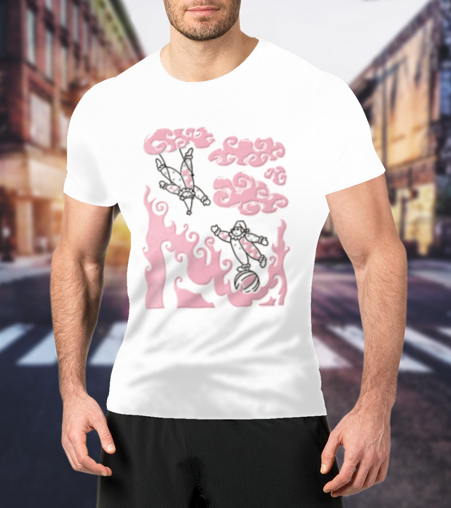 Pink Pastel Cartoon Circus Clowns Trapeze Ball Clouds Flames T-Shirt