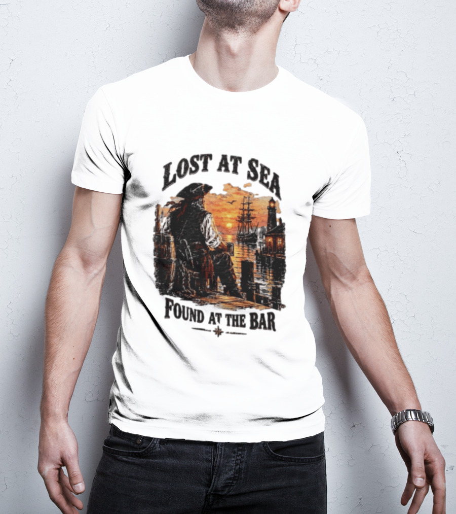 Lost At Sea Found At The Bar Pirate Sunset Tavern Lighthouse Nautical Adventure T-Shirt