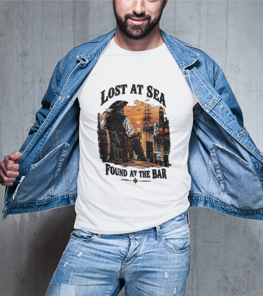 Lost At Sea Found At The Bar Pirate Sunset Tavern Lighthouse Nautical Adventure T-Shirt
