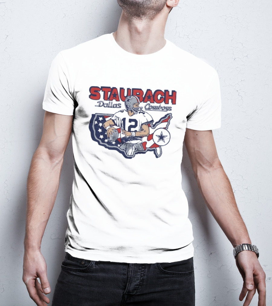 Staubach Dallas Cowboys 12 USA Map Star Helmet Football T-Shirt