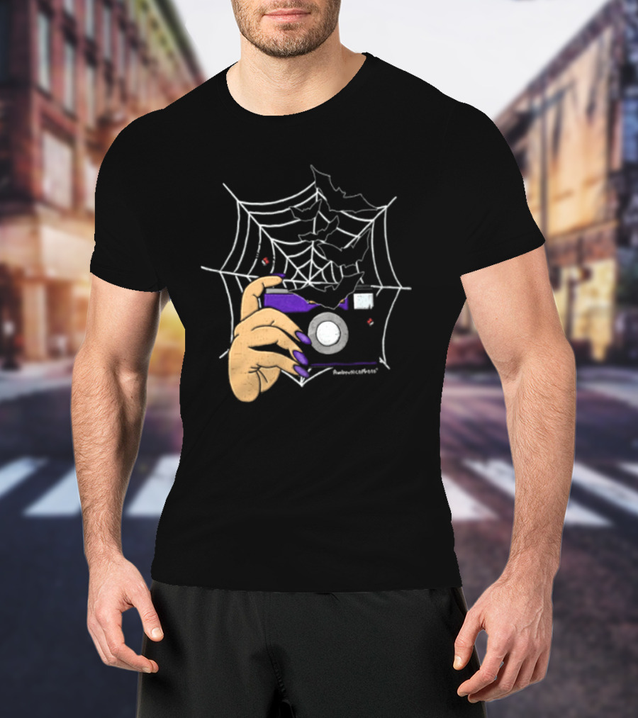 AmberNicoPhoto Camera With Bats And Spider Web Halloween T-Shirt