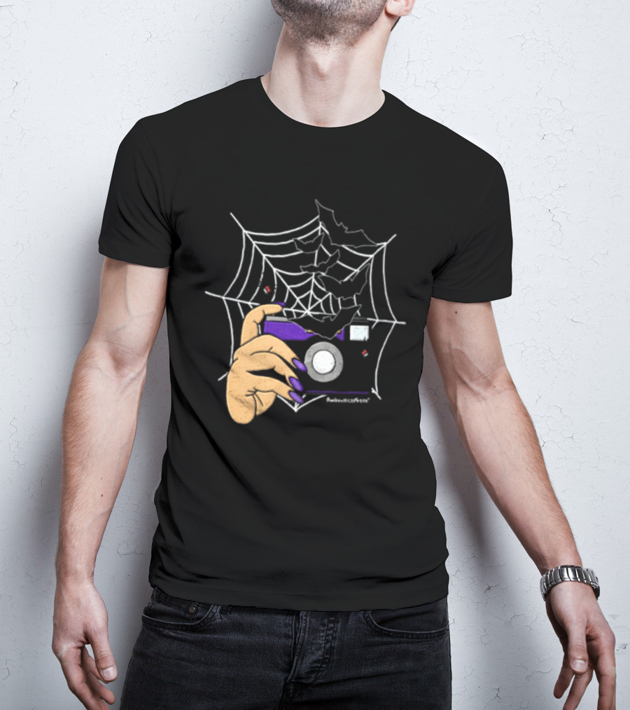AmberNicoPhoto Camera With Bats And Spider Web Halloween T-Shirt
