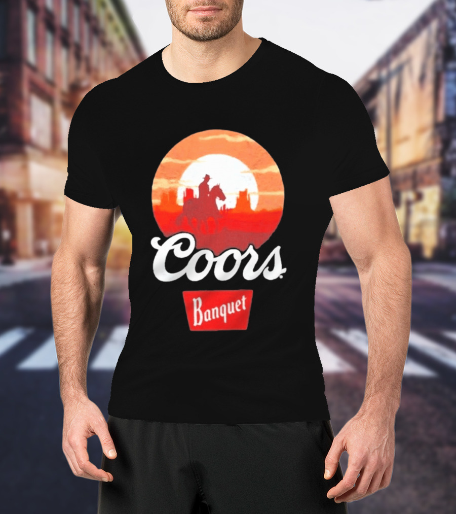 Coors Banquet Cowboy Horseback Riding At Sunset Western Scene T-Shirt