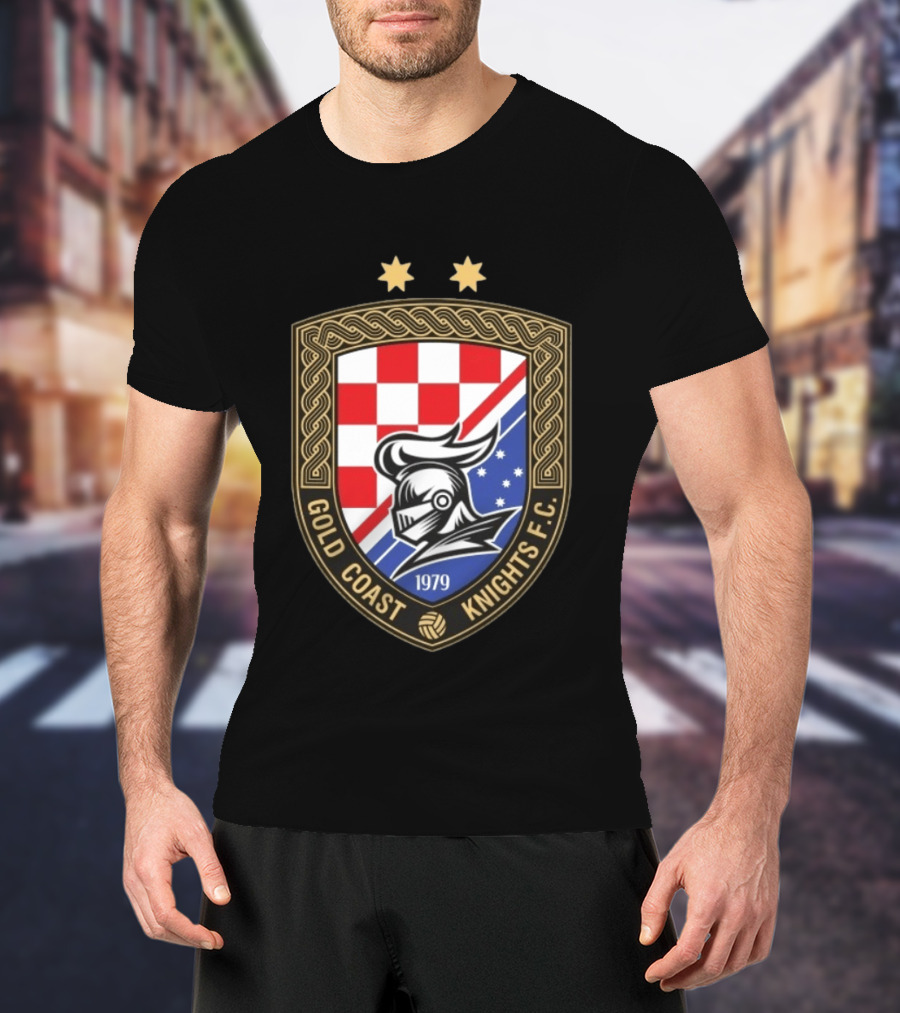 Gold Coast Knights F.C. 1979 Crest With Chessboard Pattern And Knight Helmet T-Shirt