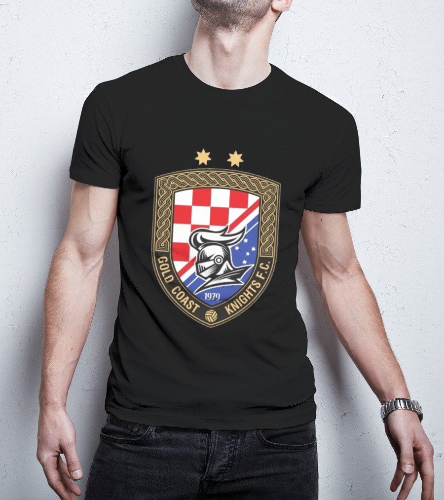 Gold Coast Knights F.C. 1979 Crest With Chessboard Pattern And Knight Helmet T-Shirt