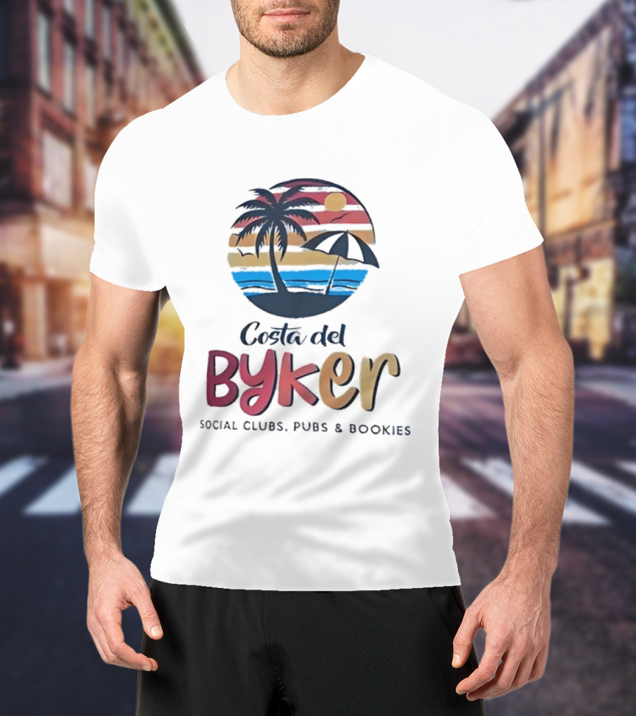 Costa Del Byker Social Clubs Pubs Bookies Palm Tree Sunset Beach Umbrella T-Shirt