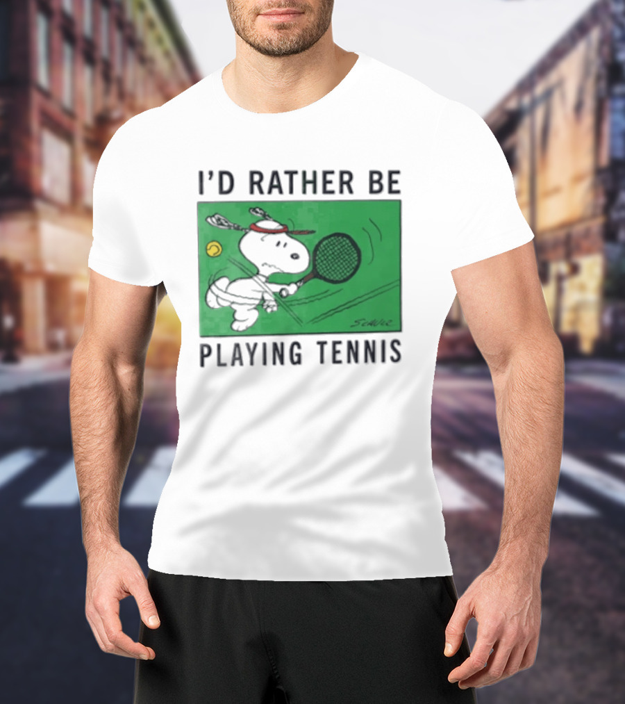I'd Rather Be Playing Tennis Peanuts Snoopy Racquet Cartoon Green Court Schulz T-Shirt