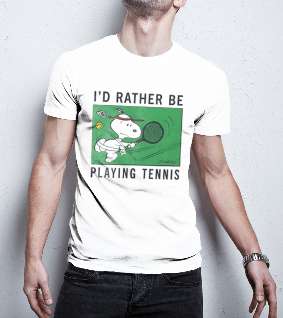 I'd Rather Be Playing Tennis Peanuts Snoopy Racquet Cartoon Green Court Schulz T-Shirt