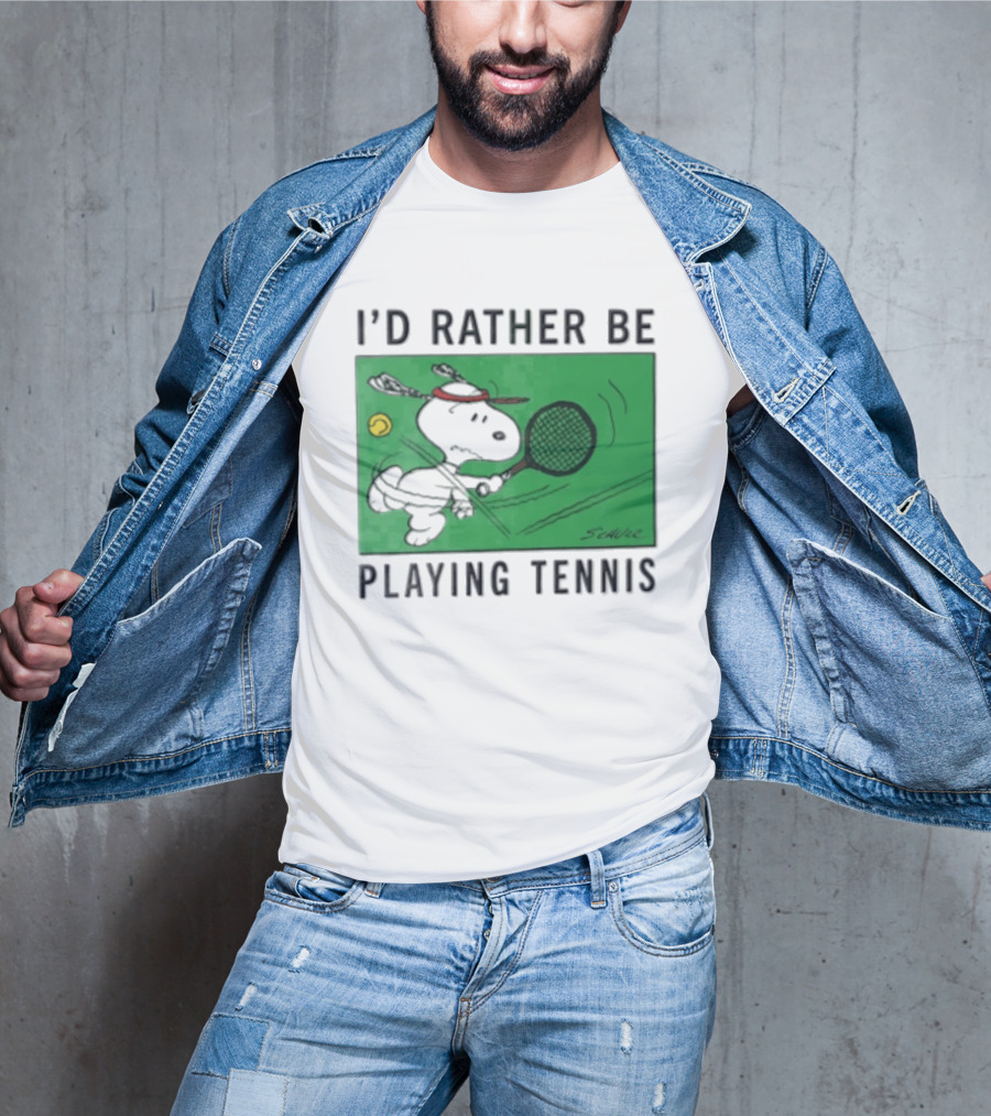 I'd Rather Be Playing Tennis Peanuts Snoopy Racquet Cartoon Green Court Schulz T-Shirt