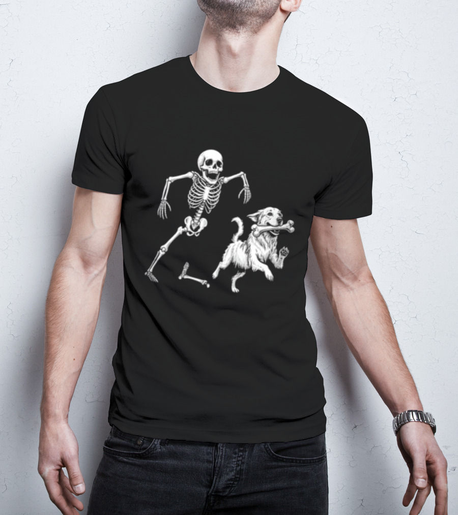 Skeleton Chasing Golden Retriever With Leg Bone T-Shirt