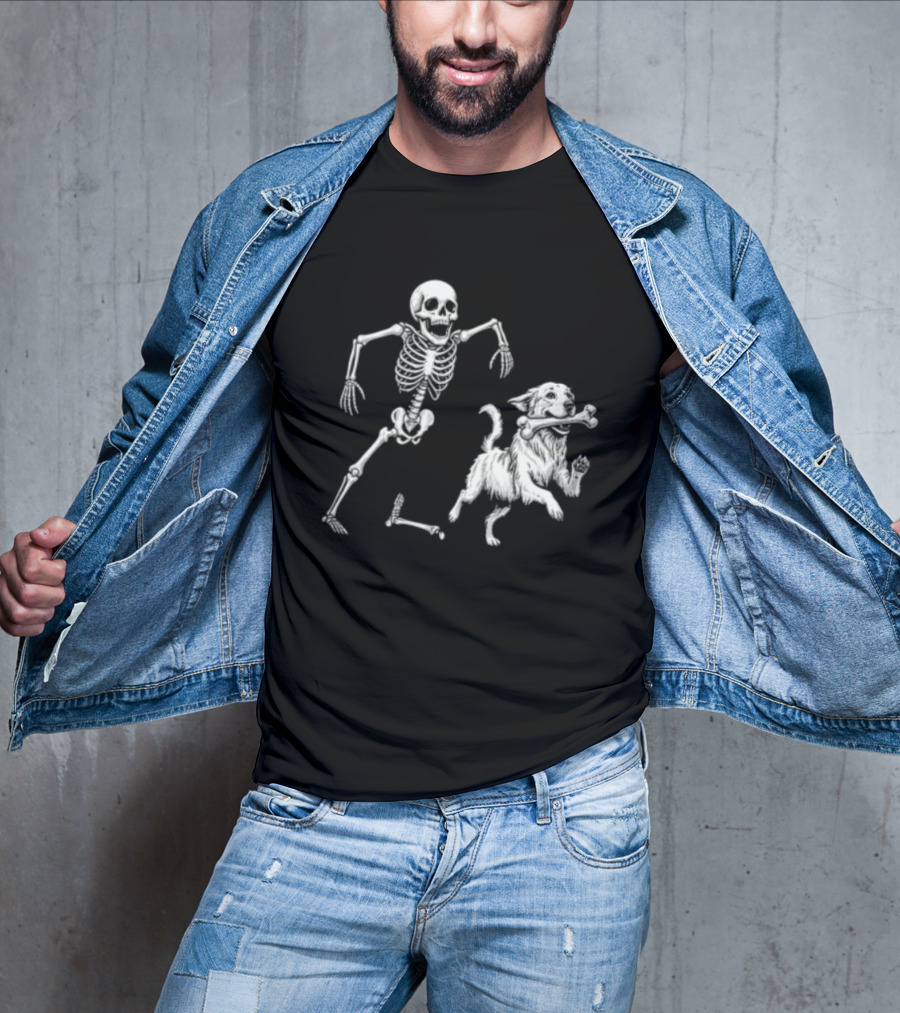 Skeleton Chasing Golden Retriever With Leg Bone T-Shirt