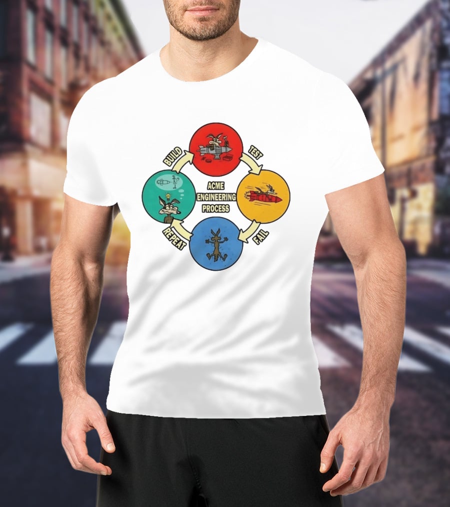 Wile E Coyote Acme Engineering Process Build Test Fail Repeat Cycle T-Shirt