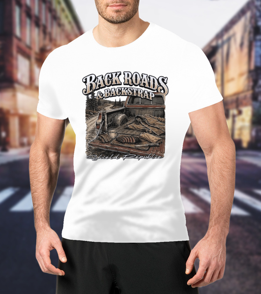 Back Roads & Backstrap Shield Republic Hunting Truck Scene T-Shirt
