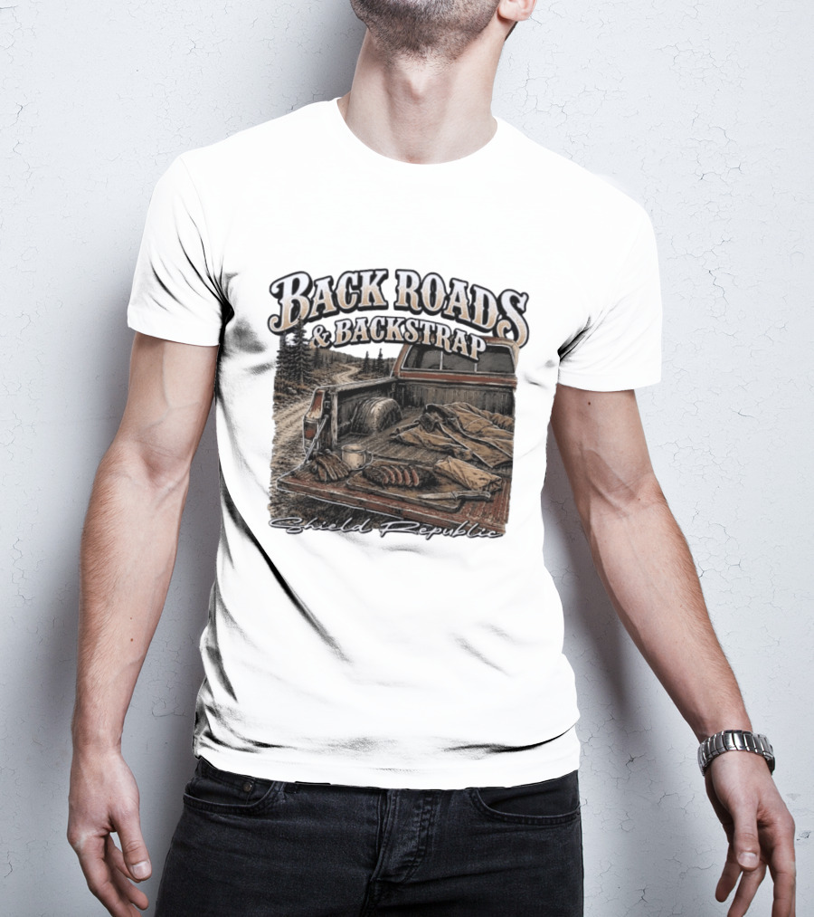 Back Roads & Backstrap Shield Republic Hunting Truck Scene T-Shirt