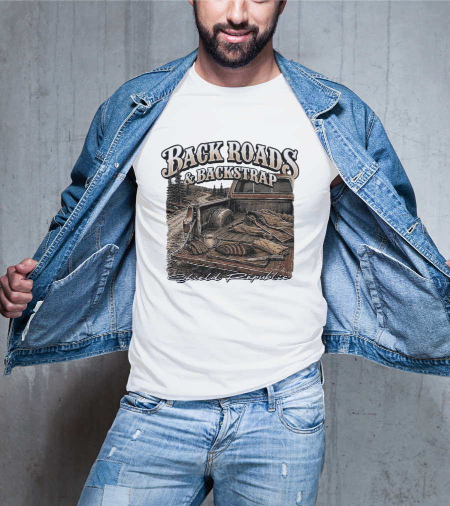 Back Roads & Backstrap Shield Republic Hunting Truck Scene T-Shirt