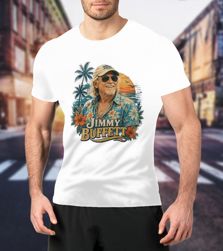Jimmy Buffett Tropical Vibes Sunset And Palm Trees Floral T-Shirt