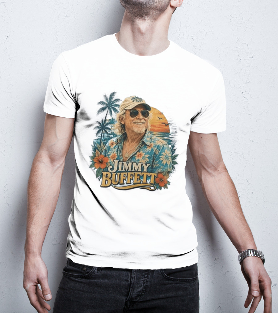 Jimmy Buffett Tropical Vibes Sunset And Palm Trees Floral T-Shirt