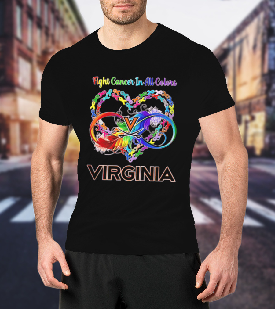 Virginia Cavaliers Fight Cancer In All Colors Ribbon Heart Rainbow Feather Infinity T-Shirt