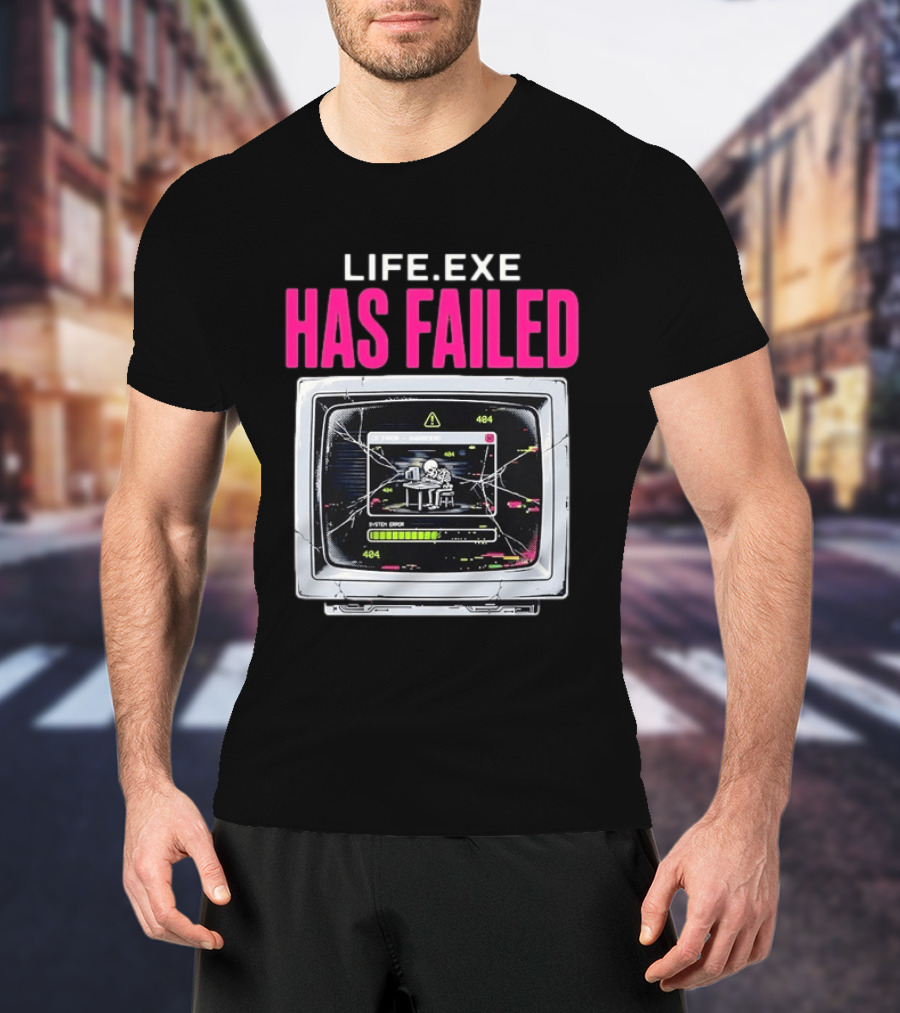 Lifeexe Has Failed System Error 404 Skeleton Computer Retro Monitor T-Shirt