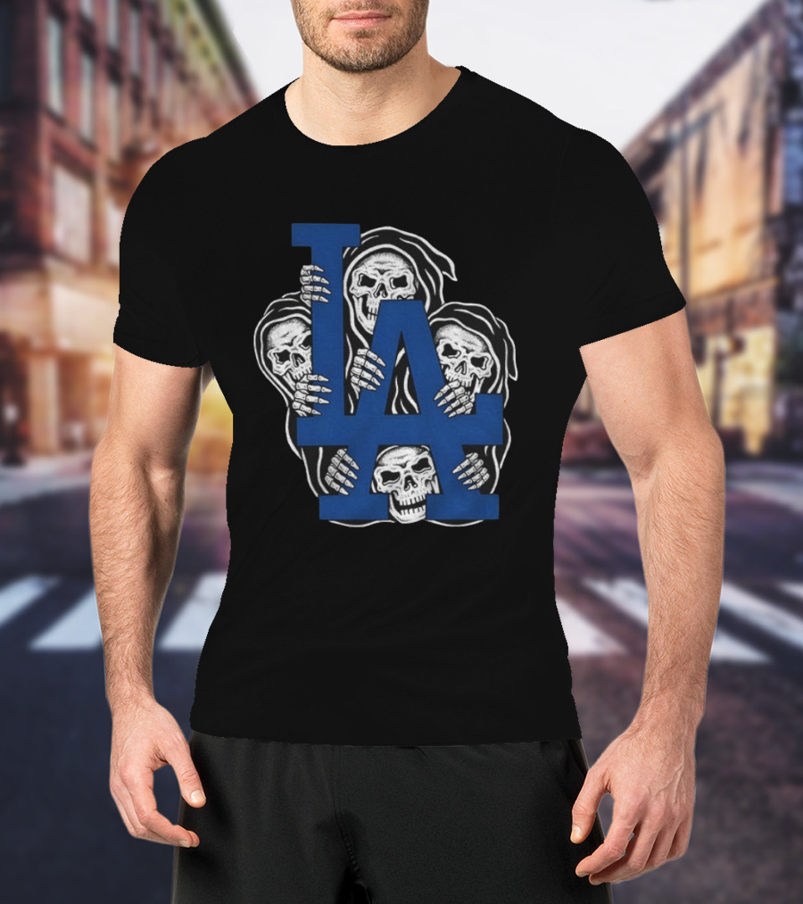 Skeletons Behind LA Dodgers Blue T-Shirt